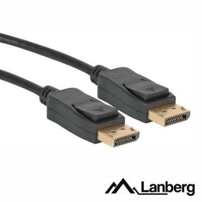 Cabo DisplayPort preto com conectores dourados e logo Lanberg
