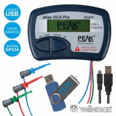 Dispositivo de medição atlas DCA Pro DCA75 com visor, sondas coloridas, dispositivo USB PEAK e cabos USB.