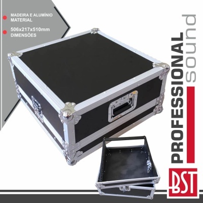 Mala profissional preta de madeira e alumínio para equipamento com cantos metálicos reforçados