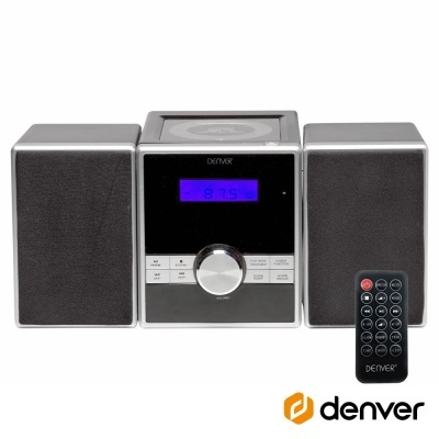 Aparelho de som compacto preto com duas colunas e comando à distância