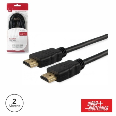 Cabo HDMI preto de 2 metros com conectores HDMI e embalagem com etiqueta e logótipo alpha elettronica.