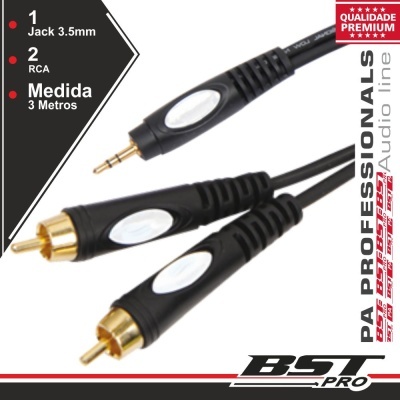 Cabos de áudio preto com conectores jack 3.5mm e RCA dourados