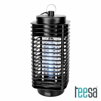 Lâmpada elétrica antimosquitos preta teesa com lâmpada azul em interior grade metálica