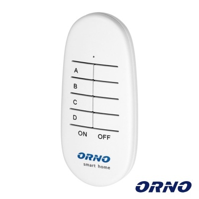 Comando remoto branco ORNO para casa inteligente com botões A, B, C, D, ON e OFF