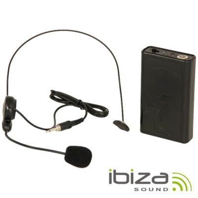 Microfone headworn preto com transmissor portátil preto e logótipo ibiza SOUND