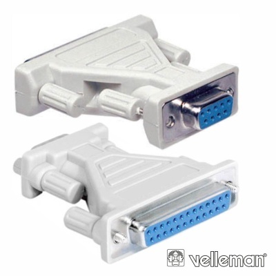 Adaptador VGA para paralela com pinos azuis e corpo branco, com logótipo velleman