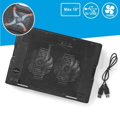 Base preta para portátil com ventoinhas de arrefecimento e cabo USB duplo