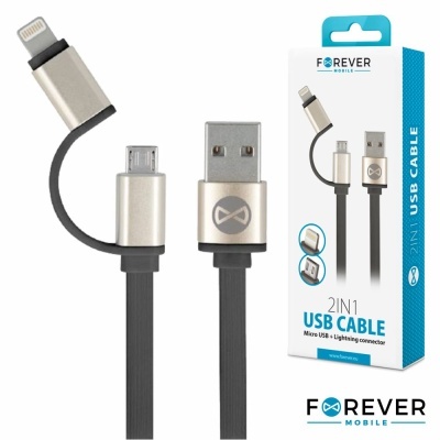 Cabo USB 2 em 1 Preto com conectores Micro USB e Lightning e embalagem da marca FOREVER MOBILE