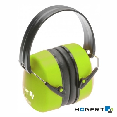 Auscultadores de proteção acústica verdes com suporte preto acolchoado.