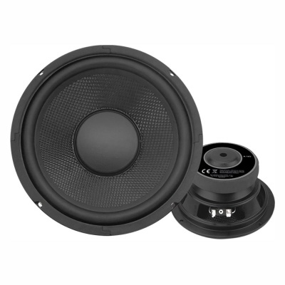 Par de altifalantes de cone preto com textura e etiqueta