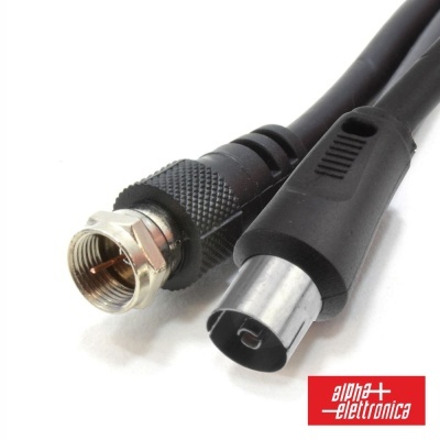 Cabo coaxial preto com conectores metálicos e logotipo alpha elettronica