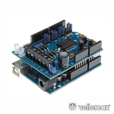 Placa eletrónica azul com vários componentes e conectores, em fundo branco, logotipo velleman