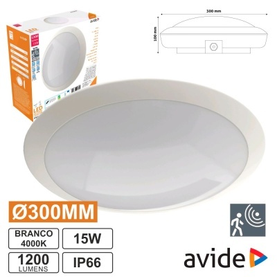 Luminária LED de teto redonda branca de 300 mm de diâmetro com caixa e especificações técnicas visíveis.