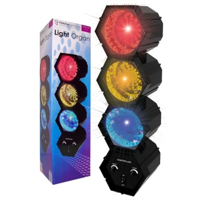 Luz decorativa com três painéis coloridos em vermelho, amarelo e azul com controles e embalagem Light Organ