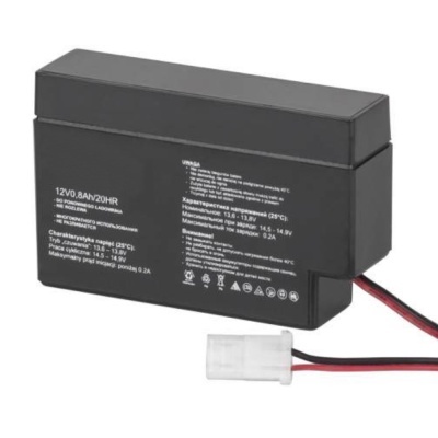 Bateria retangular preta com conector branco e fio vermelho e preto