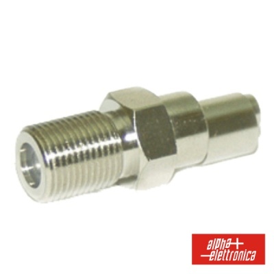 Adaptador metálico prateado com rosca e encaixe, fundo branco e logótipo alpha elettronica