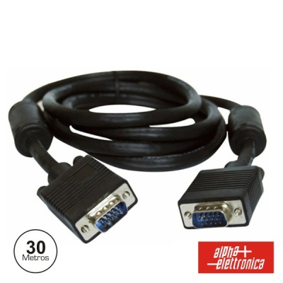 Cabo VGA preto de 30 metros com conectores de 15 pinos e logo alpha elettronica