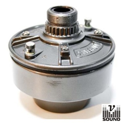 Componente metálico cilíndrico com rosca e parafusos, texto 'DVS FIN 6-8' e logo 'V2 SOUND'