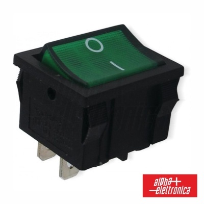 Interruptor basculante verde com símbolos | e O em fundo branco e logo alpha+ elettronica vermelho