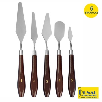 Conjunto de 5 espátulas metálicas com cabos de madeira escura numerados e etiqueta amarela