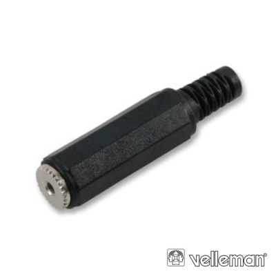 Conector de áudio jack fêmea preto com corpo octogonal e terminal metálico