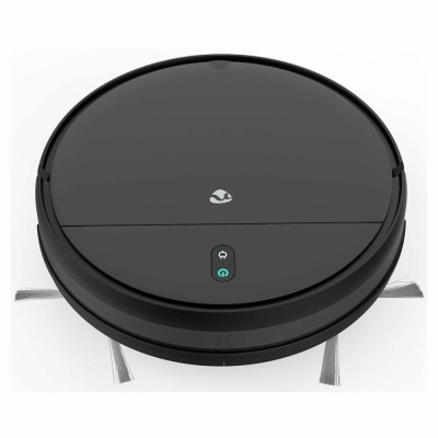 Aspirador robot preto redondo com luz verde e duas escovas brancas