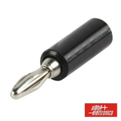 Conector banana preto com ponta metálica prateada e logótipo alpha elettronica