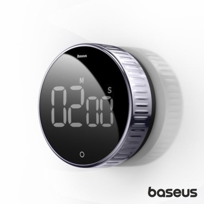 Temporizador digital Baseus redondo com visor preto e corpo metálico prateado