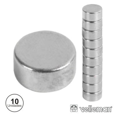 Ímanes circulares prateados empilhados e individuais, com embalagem 10 Unidades e logo velledman