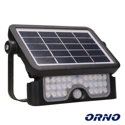 Refletor LED solar preto com painel fotovoltaico e sensor