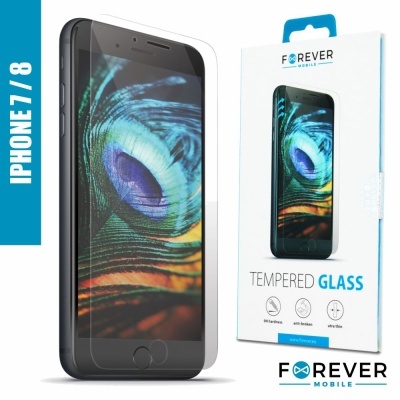 iPhone 7/8 com película de vidro temperado e embalagem branca da marca Forever Mobile