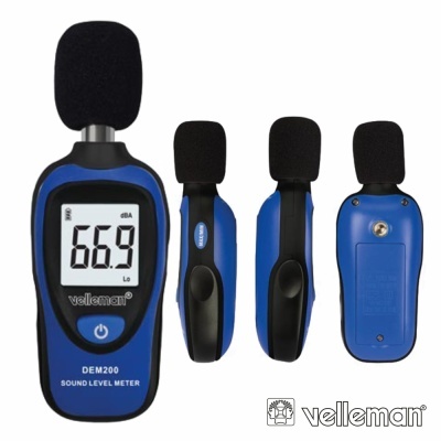 Medidor de nível de som Velleman DEM200 azul e preto com ecrã digital e microfone coberto por espuma.