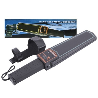 Detector de metais portátil manual preto com suporte e caixa azul