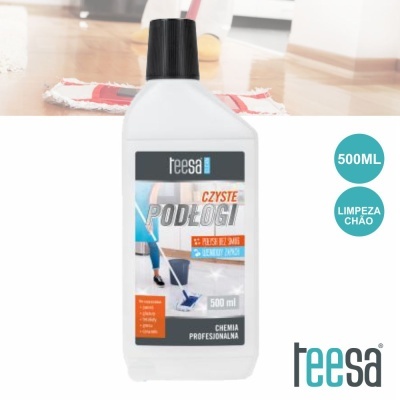 Frasco de produto para limpeza de chão teesa com rótulo azul, branco e preto