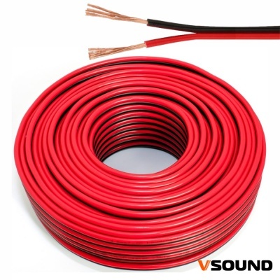 Rolo de cabo elétrico vermelho com pontas desencapadas e texto VSOUND