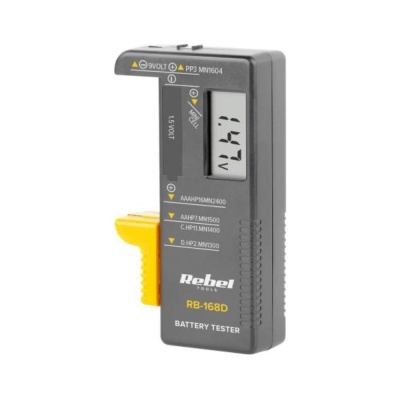 Testador de pilhas Rebel RB-168D em plástico cinzento e amarelo com visor digital
