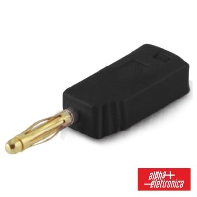 Adaptador de conector preto com ponta dourada e logótipo vermelho