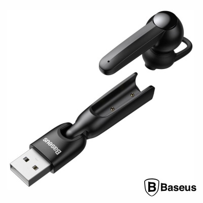 Auricular Bluetooth preto com carregador USB e logótipo Baseus