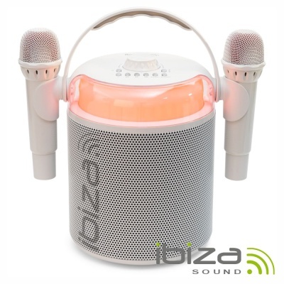 Coluna portátil branca com dois microfones e luz interior laranja