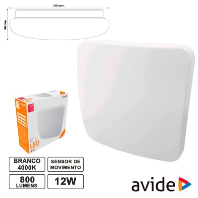 Luminária LED quadrada branca com sensor de movimento e embalagem