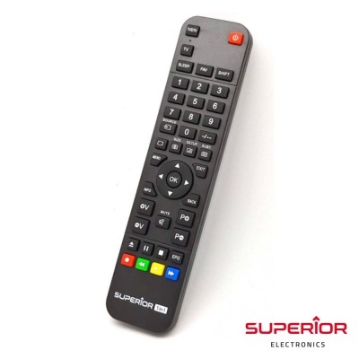 Comando remoto preto da Superior Electronics com muitos botões coloridos e logotipos.