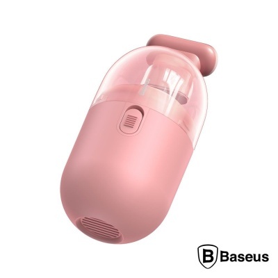 Aspirador portátil rosa com tampa transparente e botão, logótipo Baseus