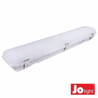 Luz de teto comprida branca com presilhas metálicas e logótipo Jo light