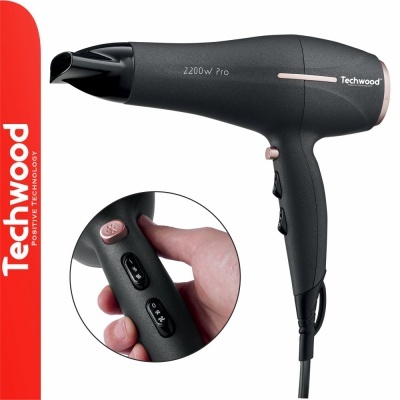 Secador de cabelo preto Techwood com botão de controlo e cabo elétrico