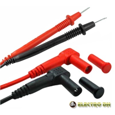 Pontas de prova para multímetro vermelho e preto com tampas protetoras.
