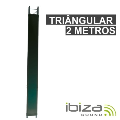 Coluna de som preta triangular com texto informativo e logotipo Ibiza Sound