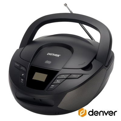 Rádio portátil preto com botões frontais, visor digital e altifalantes laterais cinza