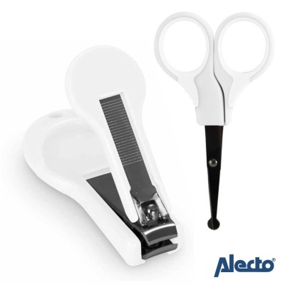 Tesoura branca e corta-unhas branco com logótipo Alecto.