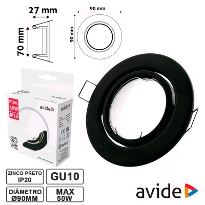 Suporte redondo preto para lâmpada GU10 com embalagem avide