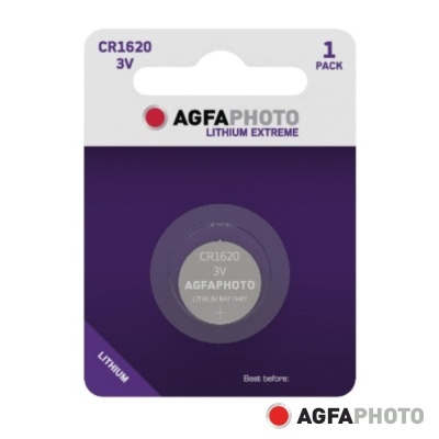 pilha AGFAPHOTO CR1620 3V em embalagem roxa e branca